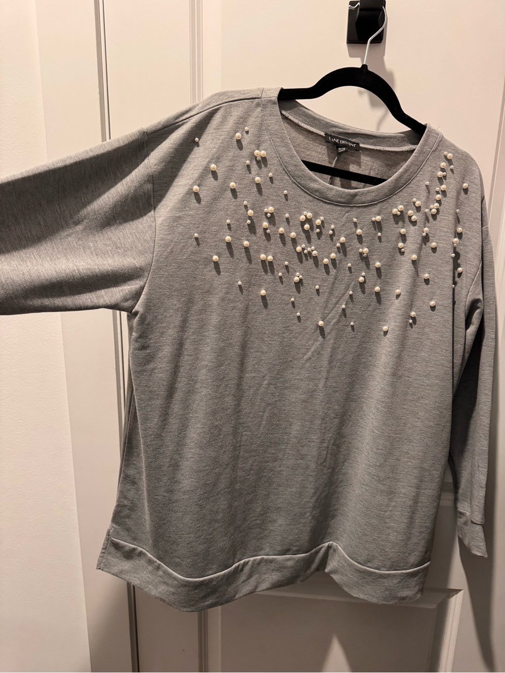 Lane Bryant Light Gray Crewneck Sweatshirt with Pearl Accents